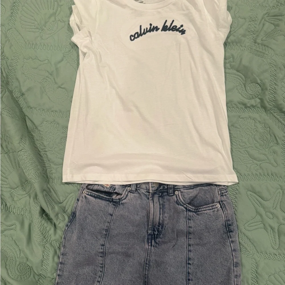 Calvin Klein White Tee with Navy Script Logo and Jean skirt